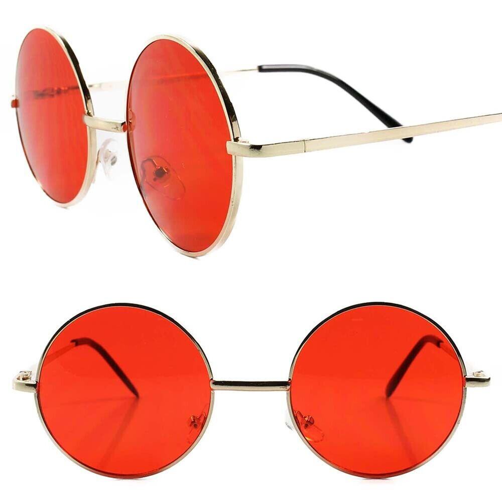 Kiss Red Lens Round Sunglasses Gold Wire Frame 70s Lennon Retro